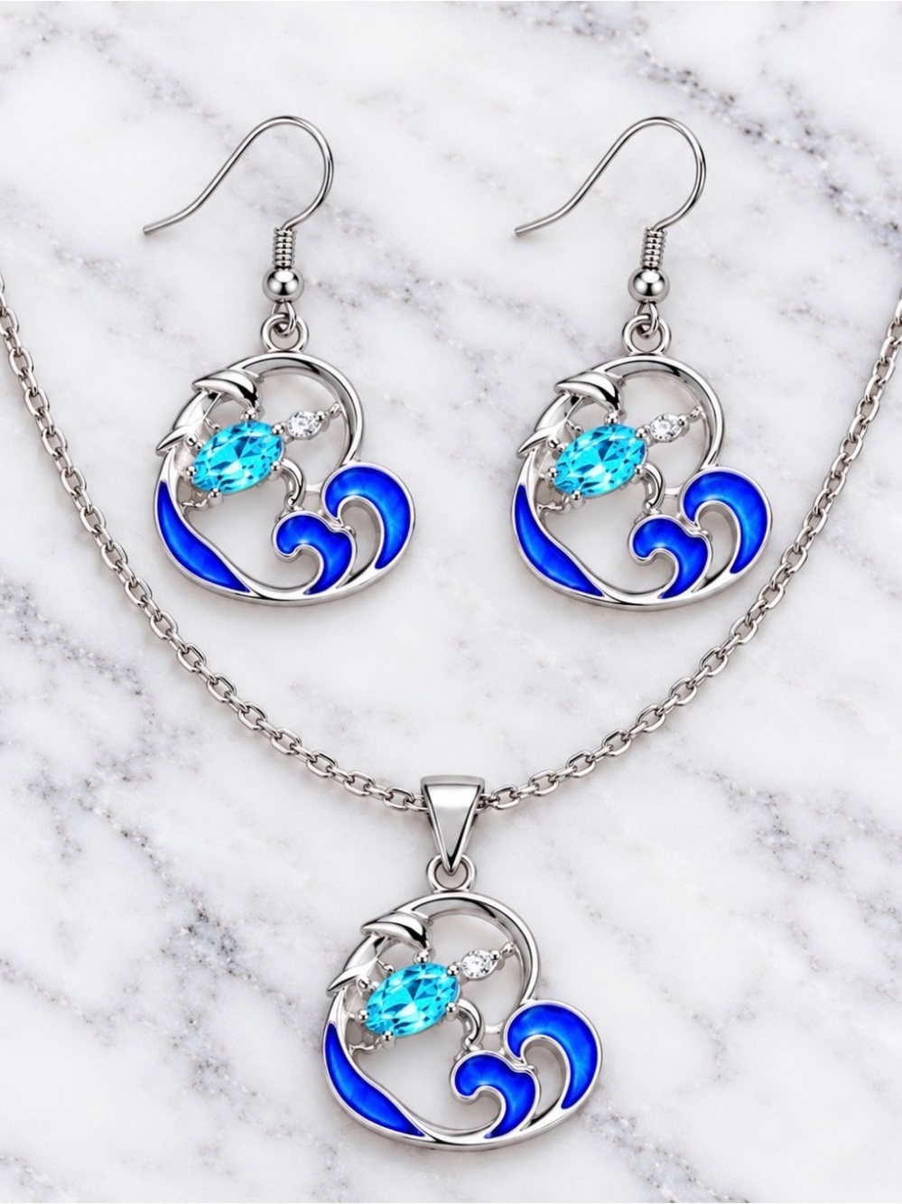 Blue Heart Turtle Pendant Necklace and Earring Set